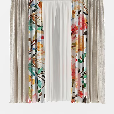 Floral Pattern Curtain With Sheer Middle Panel And Beige Side Panels For Home Decor 3d model
