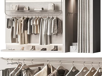 Modern Closet Interior With Hanging Shirts Dresses Coats Hangers And Shelves 3d model