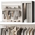 Modern Closet Interior With Hanging Shirts Dresses Coats Hangers And Shelves