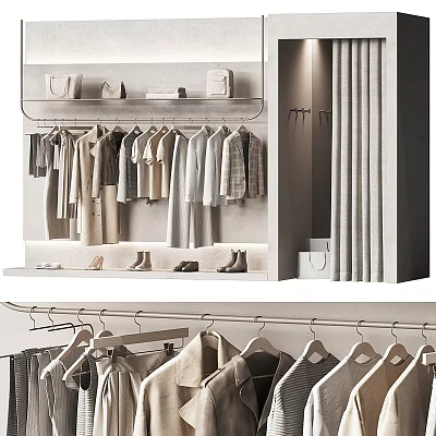 Modern Closet Interior With Hanging Shirts Dresses Coats Hangers And Shelves 3d model