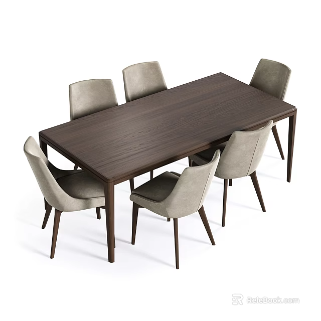 Rectangular Dark Wooden Dining Table With Six Light Gray Upholstered Modern Chairs 3d model