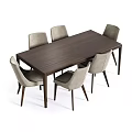 Rectangular Dark Wooden Dining Table With Six Light Gray Upholstered Modern Chairs 3d model