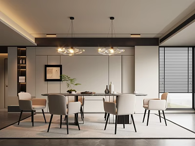 Modern Restaurant Interior With Dining Table Chairs Pendant Lights And Decorative Art 3d model