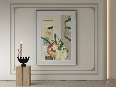Abstract Painting Wall Art With Ornate Frame Floral Patterns And Wooden Candle Holder 3d model