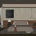 Modern Bedroom Interior with Beige Bed Wooden Headboard Nightstand Lamp and Area Rug