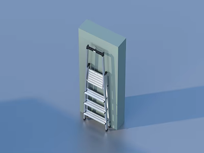 Silver Metal Folding Ladder With Four Steps And Black Handrails Near Light Green Cube 3d model