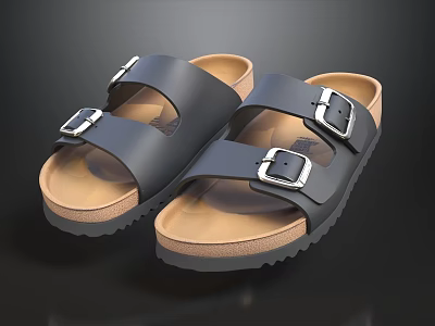 Black Double Strap Sandals With Metal Buckle Beige Sole And Comfortable Design 3d model