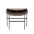 Modern Wooden Desk With Curved Top And Black Metal Frame Accompanied By Chair