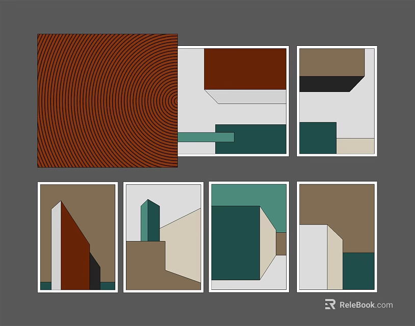 Modern Abstract Geometric Art Compositions With Brown Green White Shapes And Lines 3d model 