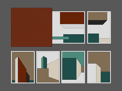 Modern Abstract Geometric Art Compositions With Brown Green White Shapes And Lines 3d model