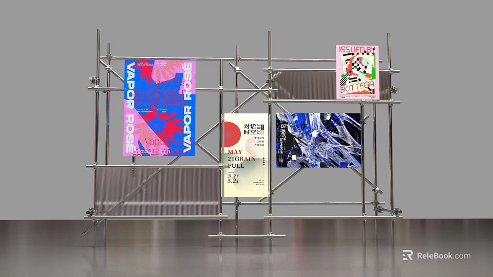 Art Installation with Metal Scaffolding Structure Displaying Colorful Posters With Creative Designs 3d model 