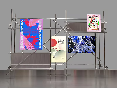 Art Installation with Metal Scaffolding Structure Displaying Colorful Posters With Creative Designs 3d model