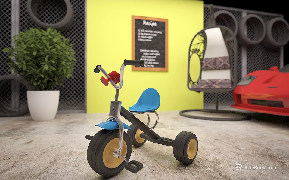 Kids Tricycle With Blue Seat Red Handlebar Yellow Wall Chalkboard And Green Plant 3d model 