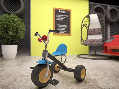 Kids Tricycle With Blue Seat Red Handlebar Yellow Wall Chalkboard And Green Plant 3d model