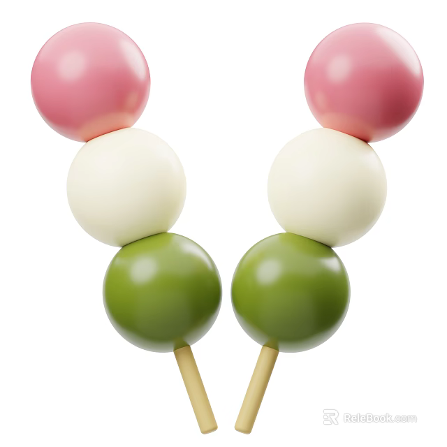 Colorful Sweet Skewered Balls in Pink White Green on Wooden Sticks Dessert 3d model 