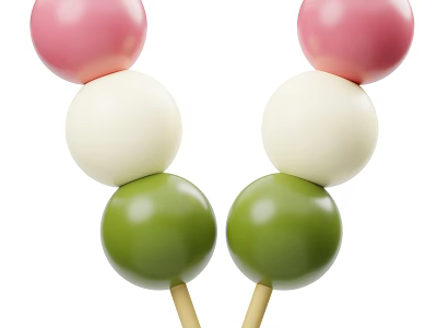 Colorful Sweet Skewered Balls in Pink White Green on Wooden Sticks Dessert 3d model