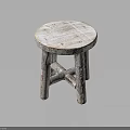 Rustic Wooden Stool With Round Distressed Seat And Crossed Legs Design