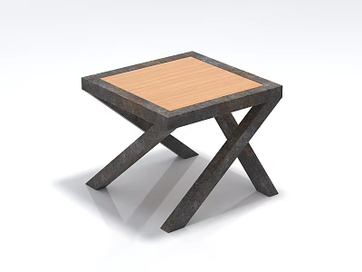 Modern Square Stool With Wooden Top And Dark Crossed Legs Structure 3d model