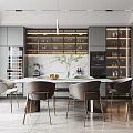 Modern Restaurant Interior With Round Dining Table Beige Chairs Hanging Light And Glass Wine Cabinet