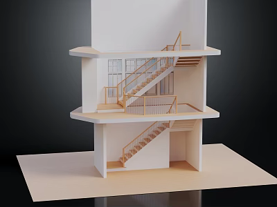 Multi Level Staircase In Architectural Model With Railings Connecting Floors And Platforms 3d model