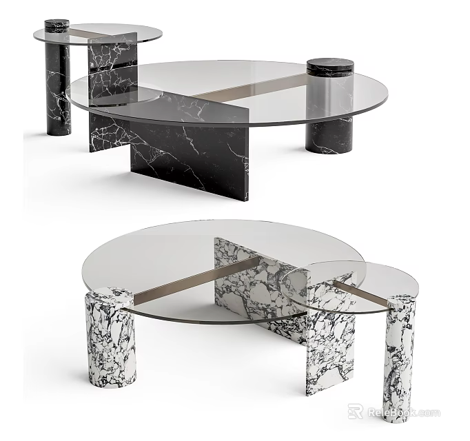 Modern Coffee Table with Glass Top Black and White Marble Base and Metal Accents 3d model 