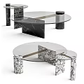 Modern Coffee Table with Glass Top Black and White Marble Base and Metal Accents