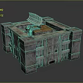 Square 3D Model Building with Gray Stone Exterior Multiple Windows Radar Antenna Wooden Top Platform