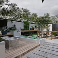 Modern Garden Landscape With Wooden Deck Stone Wall Circular Mirror Green Plants And Geometric Pavement