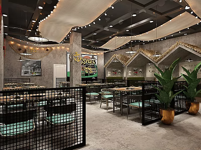 Modern Restaurant Interior With Unique Ceiling Pendant Lights Black Metal Partitions And Green Plants 3d model