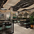 Modern Restaurant Interior With Unique Ceiling Pendant Lights Black Metal Partitions And Green Plants