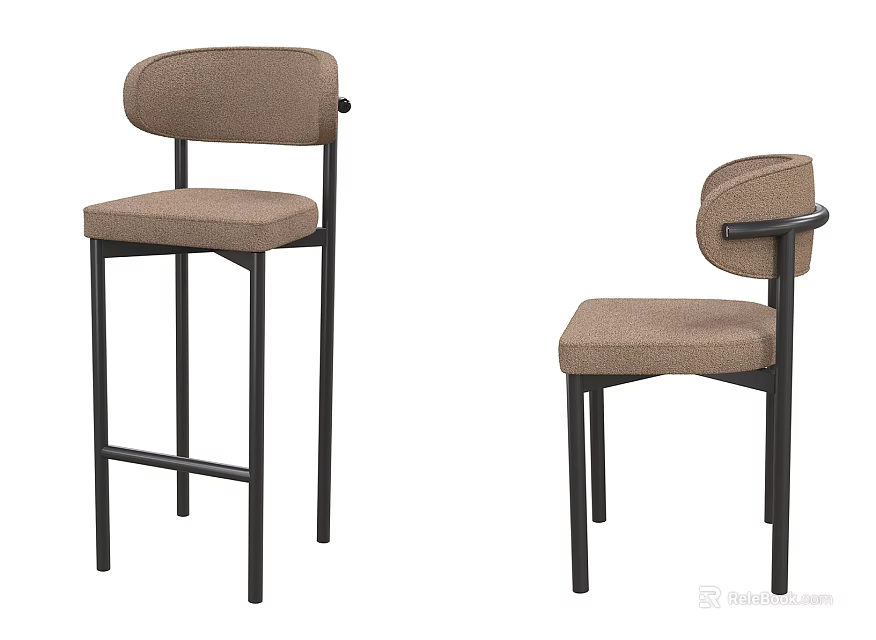 Two Modern Bar Stools With Black Metal Frame And Brown Fabric Seat 3d model 