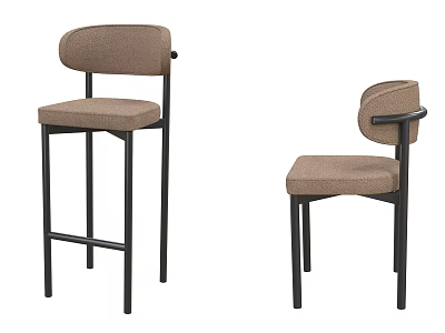 Two Modern Bar Stools With Black Metal Frame And Brown Fabric Seat 3d model