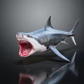 Great White Shark Aquatic Animal With Open Mouth Sharp Teeth Dark Background And Reflective Surface