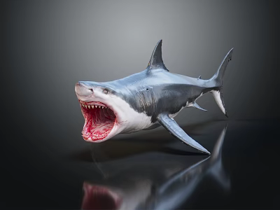 Great White Shark Aquatic Animal With Open Mouth Sharp Teeth Dark Background And Reflective Surface 3d model