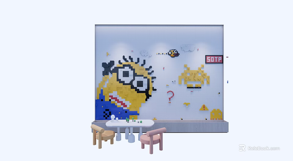 Colorful Building Blocks Mural Featuring Minion Character With Table And Chairs 3d model 