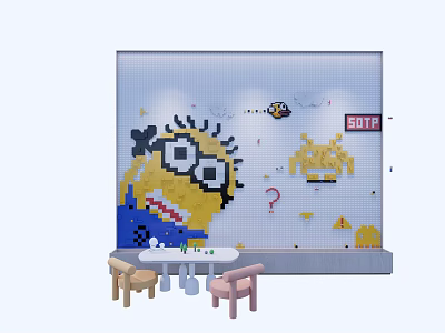 Colorful Building Blocks Mural Featuring Minion Character With Table And Chairs 3d model