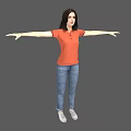 Woman In Orange Polo Shirt Blue Jeans Standing With Arms Outstretched On Gray Background