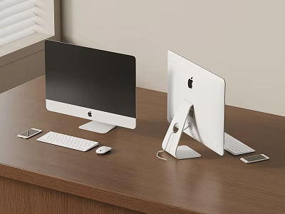 Two Apple iMac Desktop Computers With Keyboard Mouse And Smartphone On Wooden Work Desk 3d model