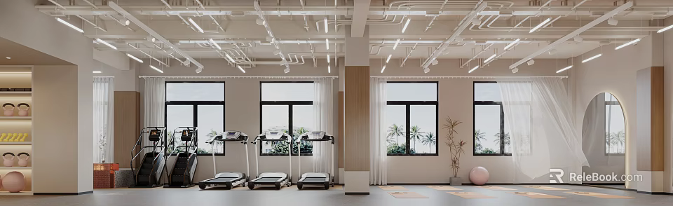 Modern Fitness Studio Interior With Treadmills Yoga Mats Windows And Palm Trees 3d model 