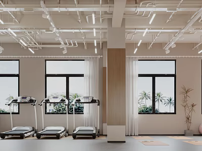 Modern Fitness Studio Interior With Treadmills Yoga Mats Windows And Palm Trees 3d model