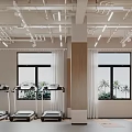 Modern Fitness Studio Interior With Treadmills Yoga Mats Windows And Palm Trees
