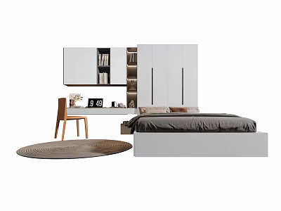 Modern Bedroom Interior With Platform Bed White Wardrobe And Round Rug 3d model