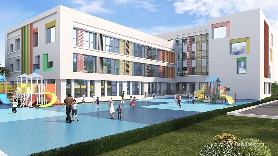 Colorful Modern School Building With Large Windows Outdoor Playground Slides And Children Playing 3d model 