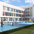 Colorful Modern School Building With Large Windows Outdoor Playground Slides And Children Playing