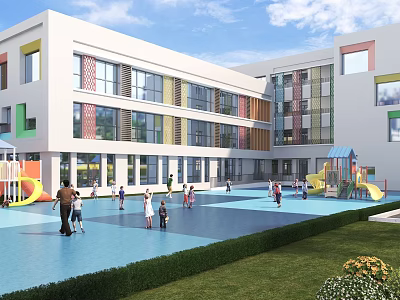 Colorful Modern School Building With Large Windows Outdoor Playground Slides And Children Playing 3d model