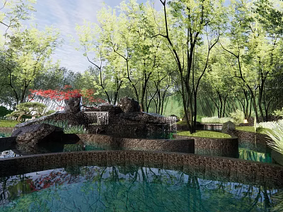 Rockery Stones With Waterfall Surrounded By Trees In Garden Pond With Green Plants And Reflection 3d model