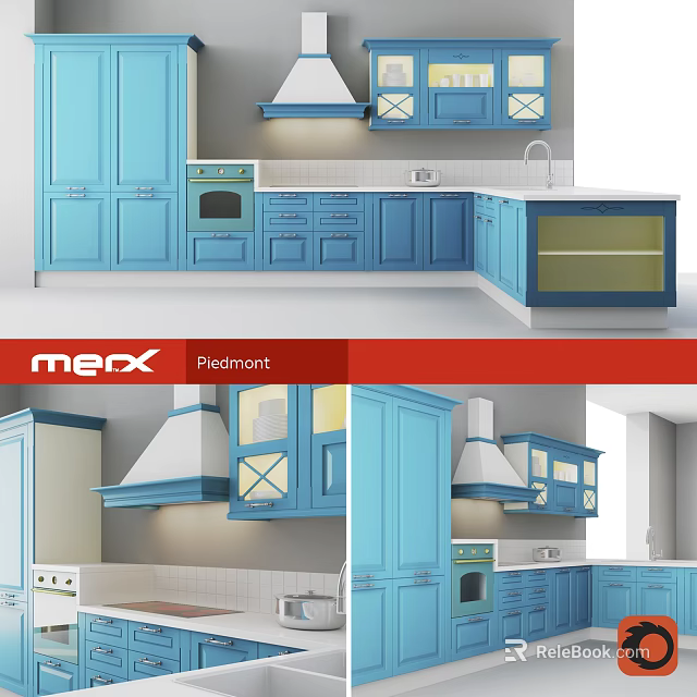 Modern Blue Kitchen Cabinets with Range Hood Oven and Interior Design 3d model