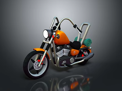 Orange Vintage Motorcycle Featuring Silver Frame Black Leather Seat Round Headlight and Green Rolled Bag 3d model