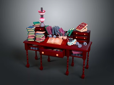 Red Wooden Desk With Stacked Books Open Book Colorful Stationery And Lamp 3d model