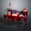 Red Wooden Desk With Stacked Books Open Book Colorful Stationery And Lamp